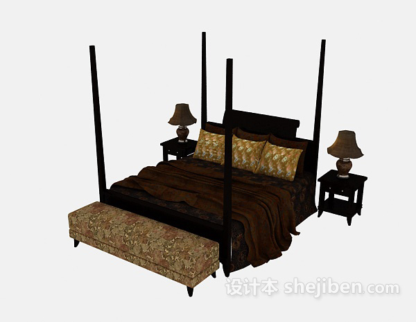 免费欧式风格实木双人床3d模型下载