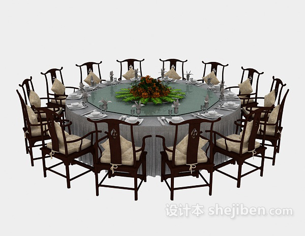 中式风格中式圆形桌椅组合3d模型下载