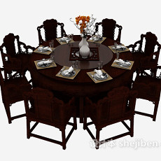 中式实木餐桌椅组合3d模型下载
