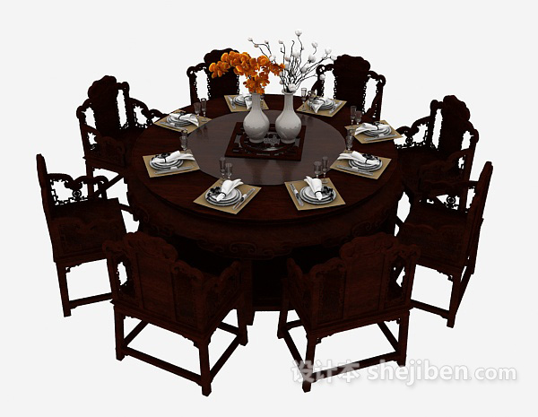 中式风格中式实木餐桌椅组合3d模型下载