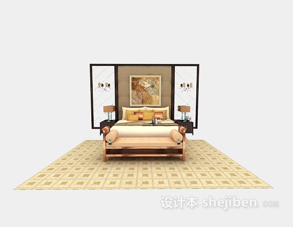 东南亚风格卧室实木双人床3d模型下载