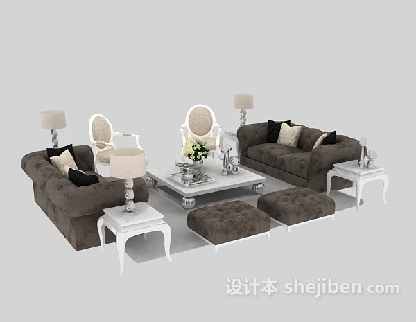 欧式真皮组合沙发茶几3d模型下载