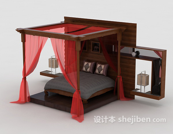 设计本中式布幔床3d模型下载
