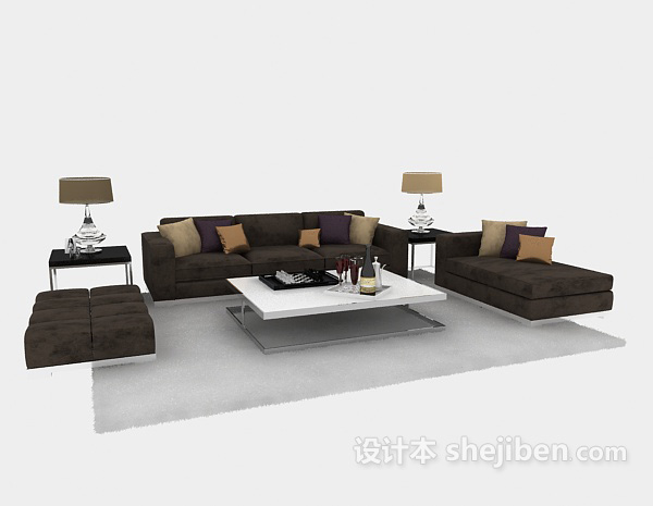 设计本紫灰简约现代沙发组合3d模型下载