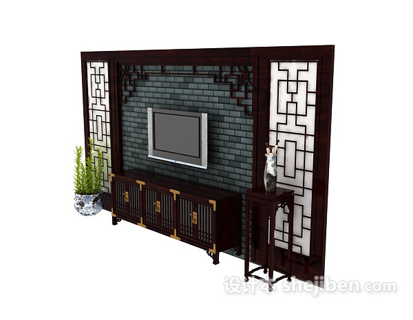 中式风格中式电视柜组合3d模型下载