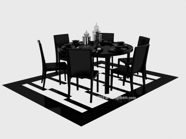 免费简约而实用黑色系小圆形餐厅3d模型下载