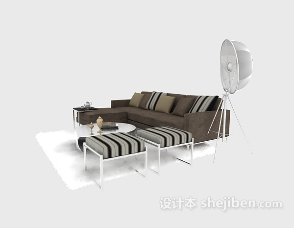 免费灰色条纹现代沙发茶几组合3d模型下载
