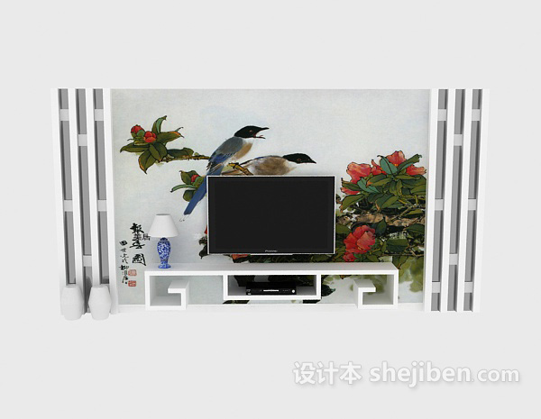 免费新中式电视墙  3d模型下载