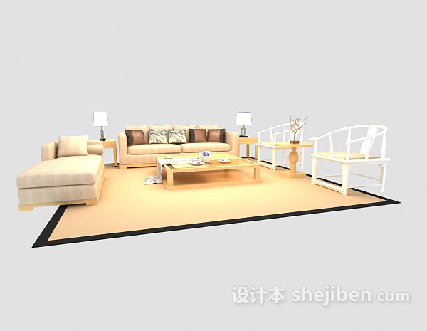 设计本优雅舒适现代中式沙发茶几组合max3d模型下载