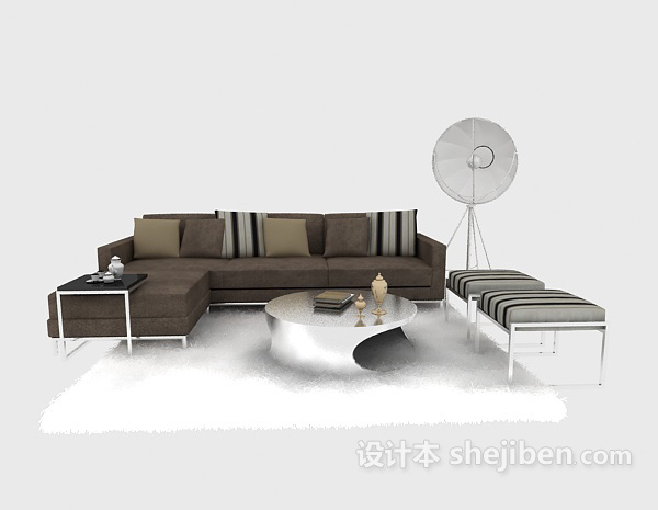 设计本灰色条纹现代沙发茶几组合3d模型下载