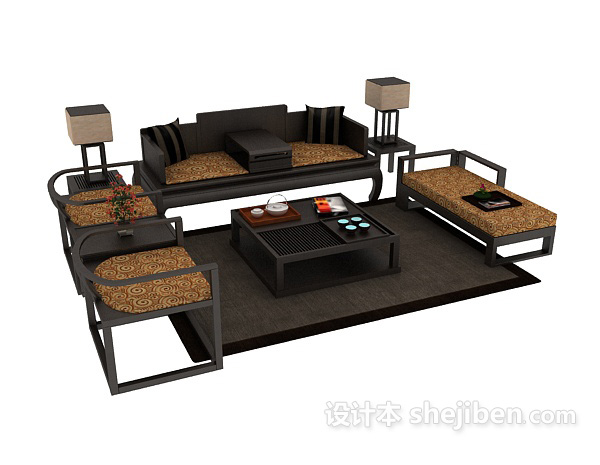 中式风格中式组合沙发茶几3d模型下载
