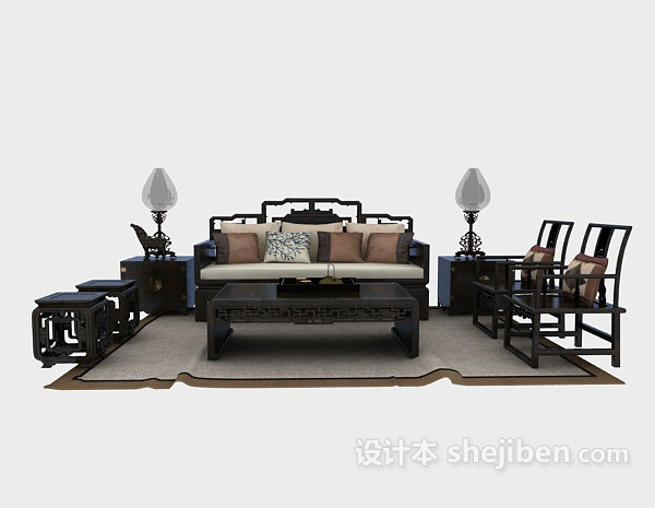 免费奢华中式沙发组合3d模型下载