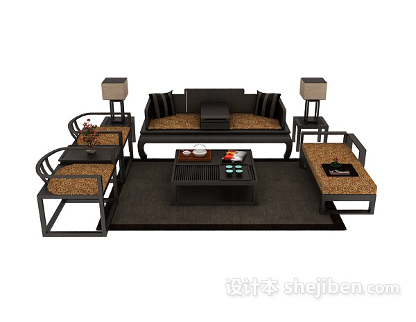 免费中式组合沙发茶几3d模型下载
