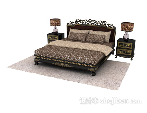 中式风格中式雕花床3d模型下载