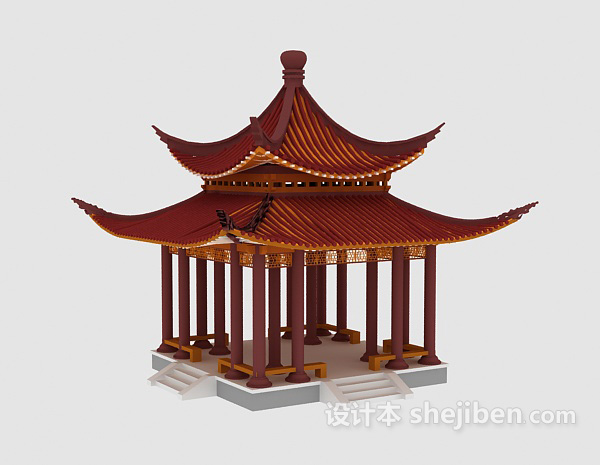 中式风格六角凉亭3d模型下载