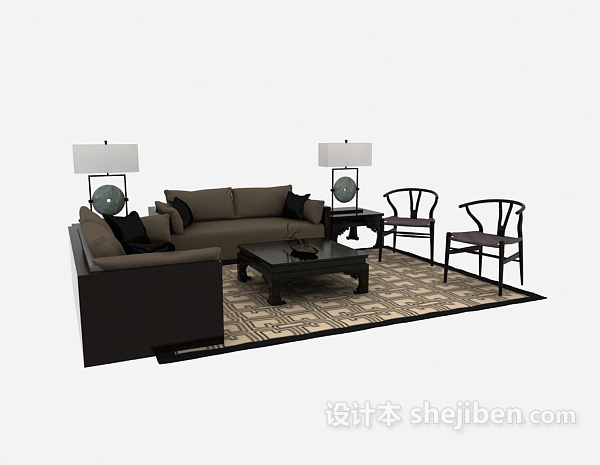 免费悠闲生活现代中式沙发组合3d模型下载