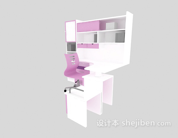 现代风格粉色现代风格书柜电脑桌3d模型下载