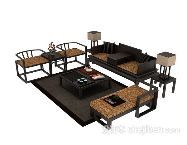 设计本中式组合沙发茶几3d模型下载
