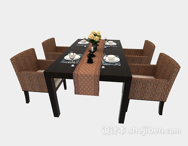 免费藤椅四人餐桌3d模型下载