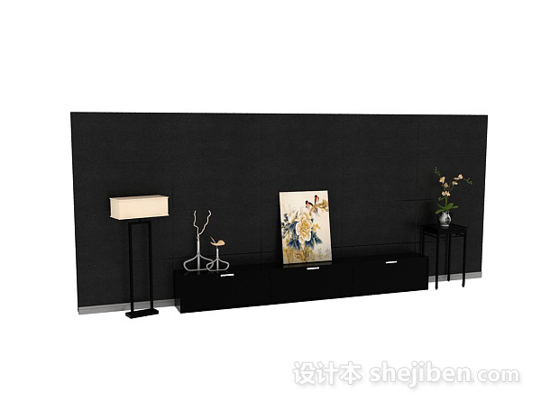 设计本黑色现代中式电视背景墙3d模型下载