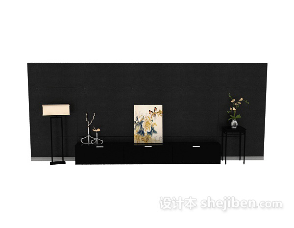 中式风格黑色现代中式电视背景墙3d模型下载