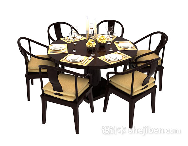 中式风格中式圆形餐桌3d模型下载