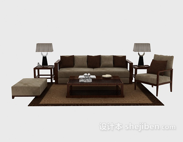 免费简洁清爽中式组合沙发茶几3d模型下载