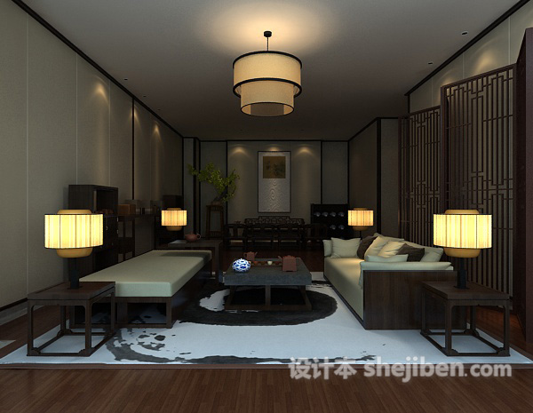 中式客厅屏风模型
