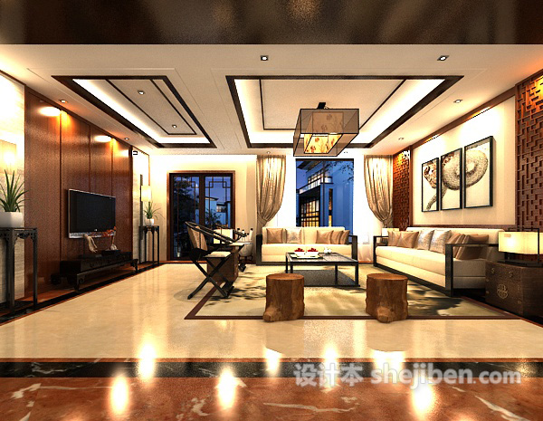 新中式客厅沙发3d模型下载