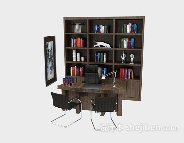 现代风格家居书柜、办公桌3d模型下载