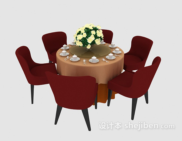 免费六人餐桌桌椅3d模型下载