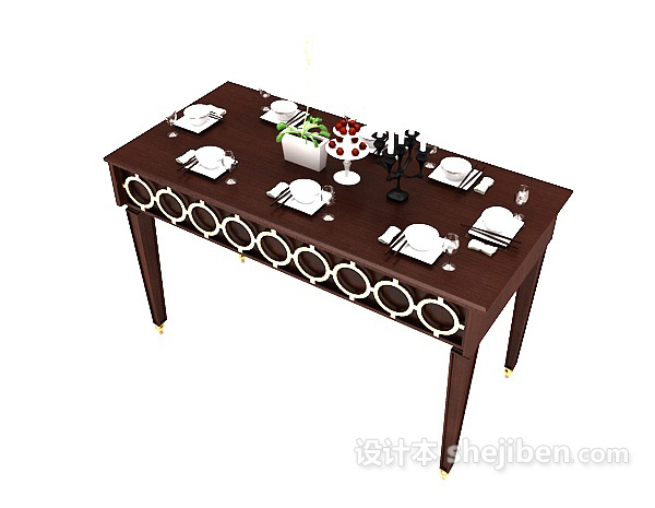 免费欧式棕色实木餐桌3d模型下载