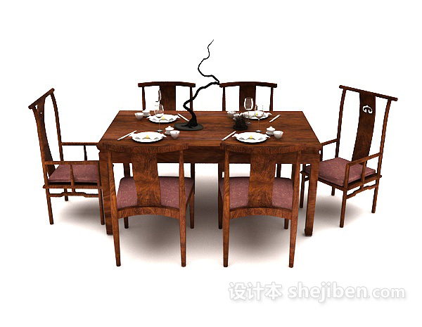 中式多人餐桌3d模型下载