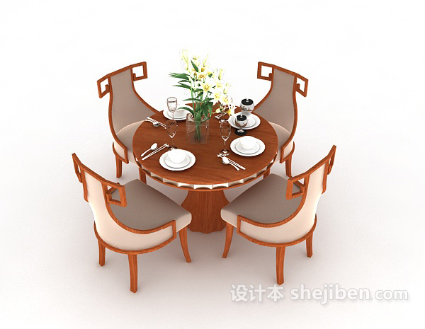 中式风格新中式风格四人餐桌3d模型下载