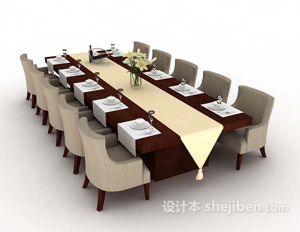 长形多人餐桌3d模型下载