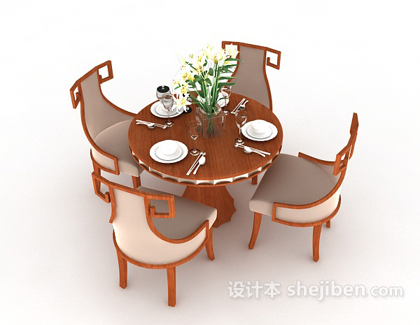 免费新中式风格四人餐桌3d模型下载