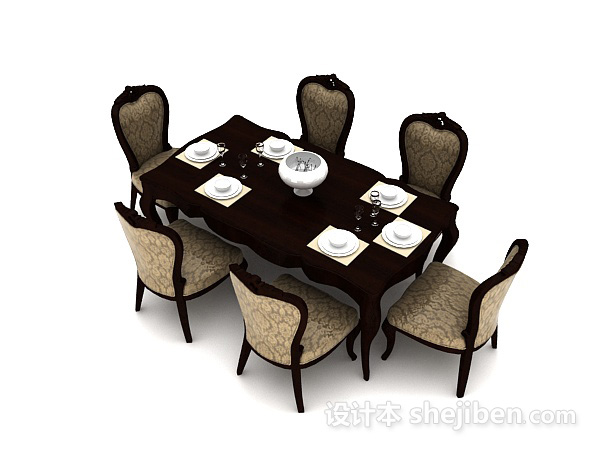 免费美式家居六人餐桌3d模型下载
