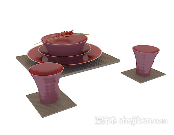 免费红色碗杯3d模型下载