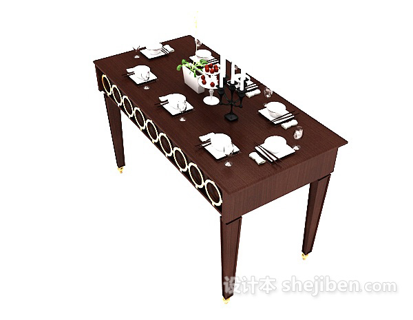 欧式棕色实木餐桌3d模型下载