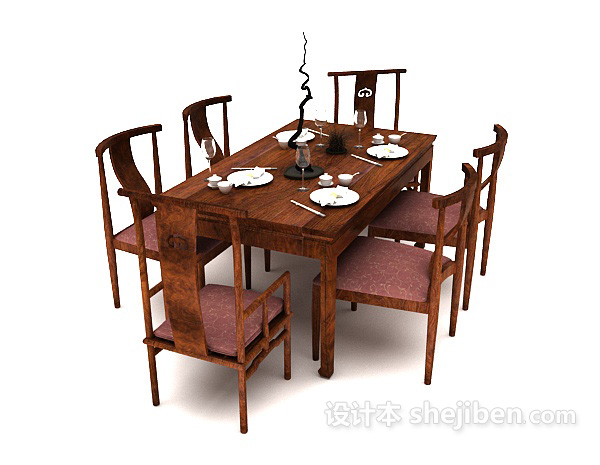 中式风格中式多人餐桌3d模型下载