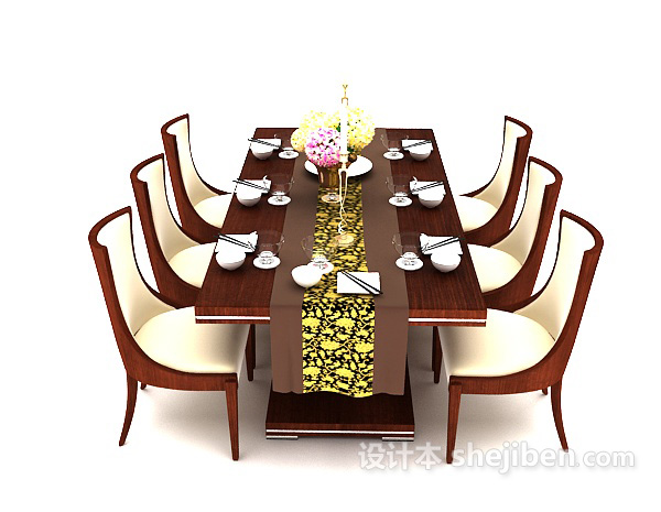 免费实木六人餐桌3d模型下载
