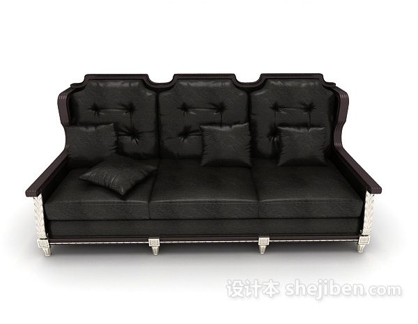 现代风格黑色皮质三人沙发3d模型下载