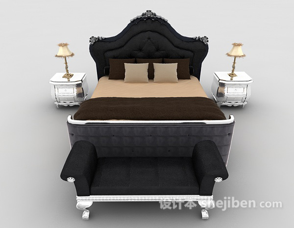 欧式风格棕色实木双人床3d模型下载