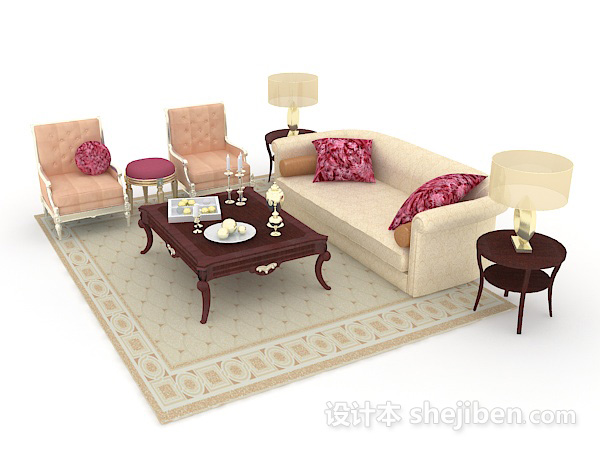 免费欧式浅色组合沙发3d模型下载
