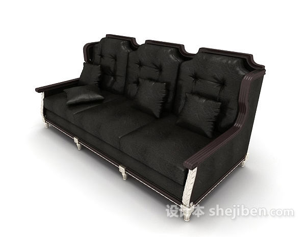 黑色皮质三人沙发3d模型下载