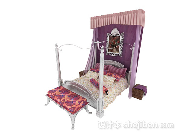欧式紫色双人床3d模型下载