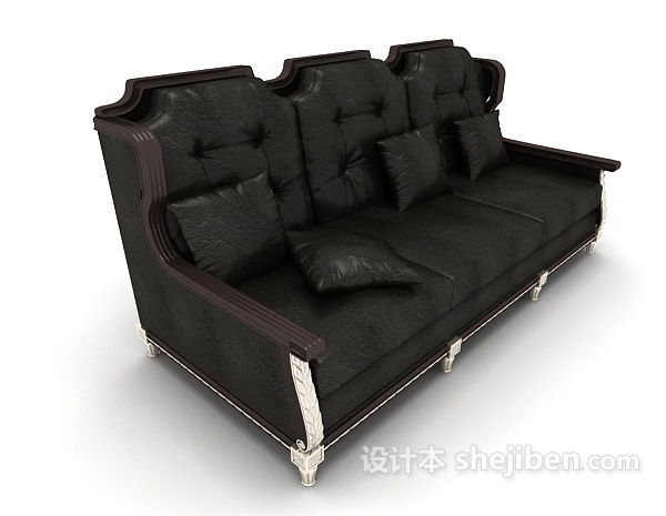 设计本黑色皮质三人沙发3d模型下载