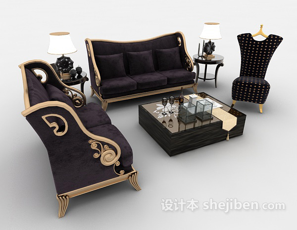 免费欧式紫色组合沙发3d模型下载