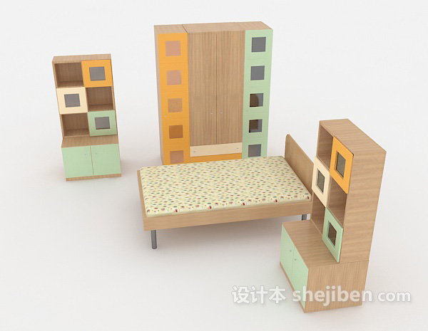 现代风格家居单人床、衣柜组合3d模型下载