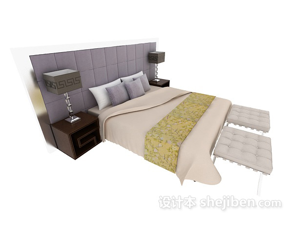 设计本现代浅色双人床3d模型下载